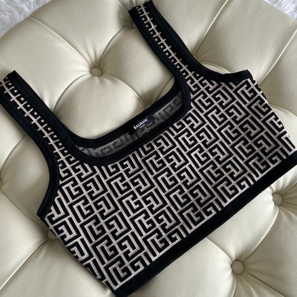 Balmain Tops - Cropped Bicolor Jacquard Sports Bra Top With Balmain Monogram - 36
